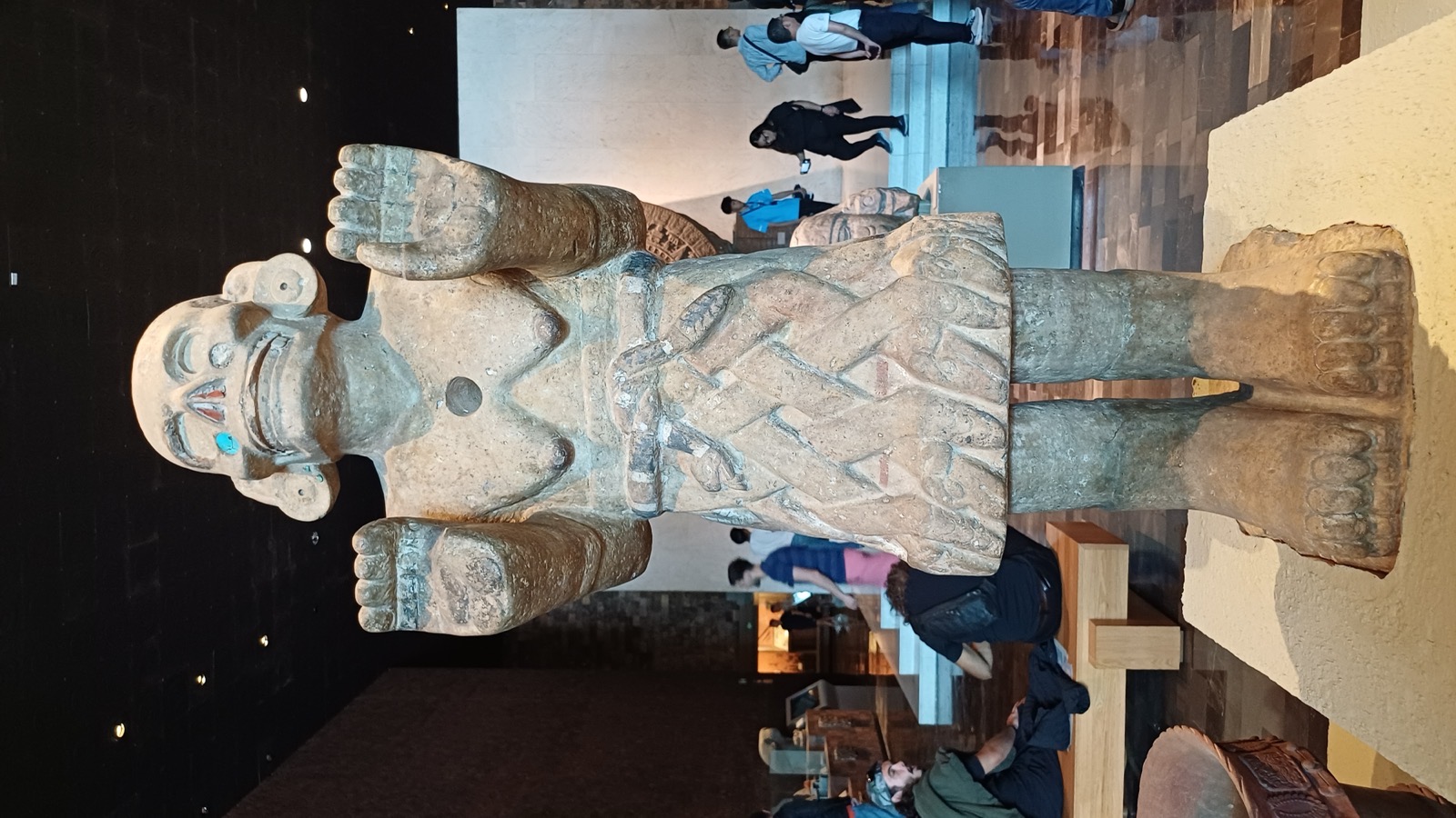 The monumental Coatlicue statue—serpent skirt, necklace of hearts and hands, clawed feet